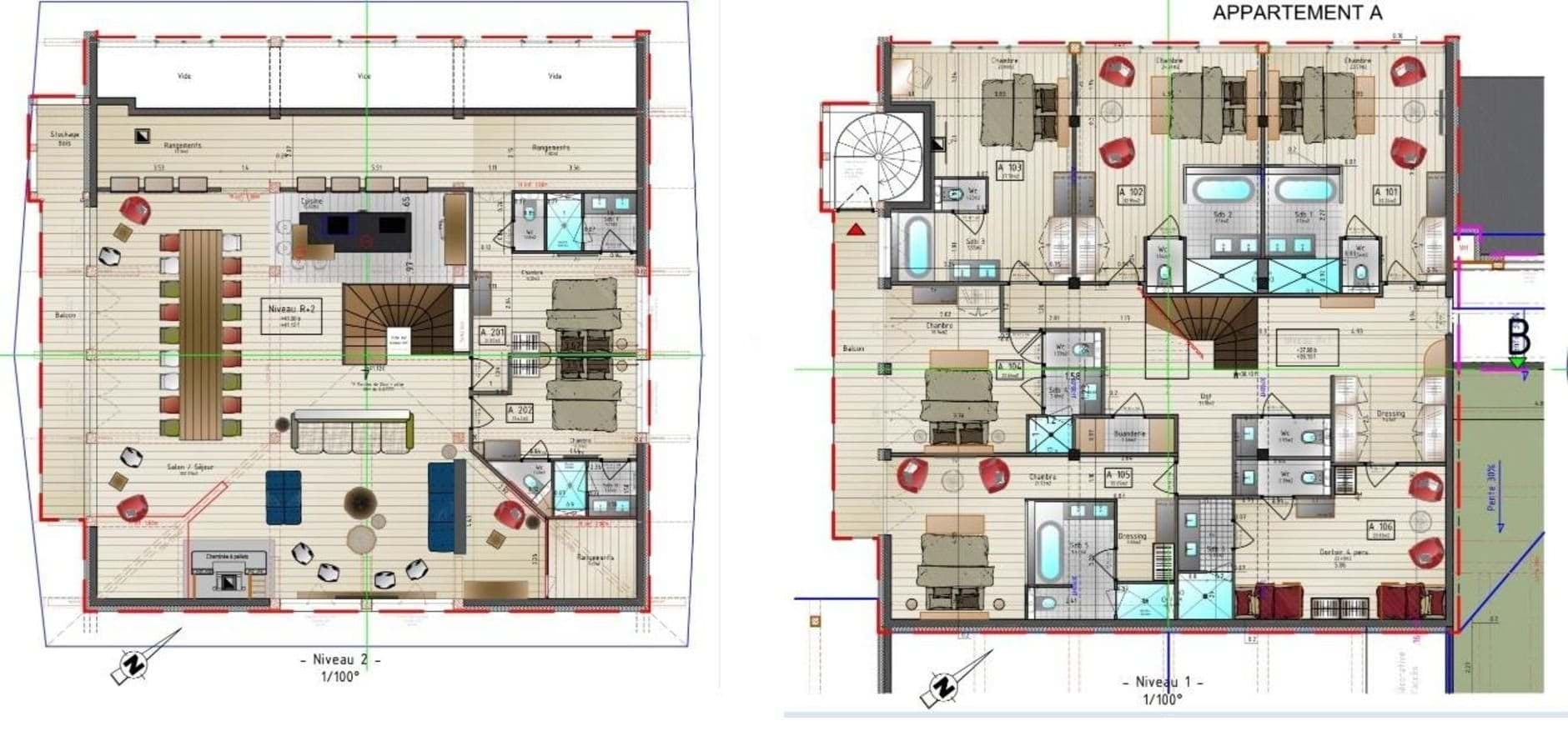 Two-story floor plan: open living area and kitchen upstairs; five ensuite bedrooms downstairs