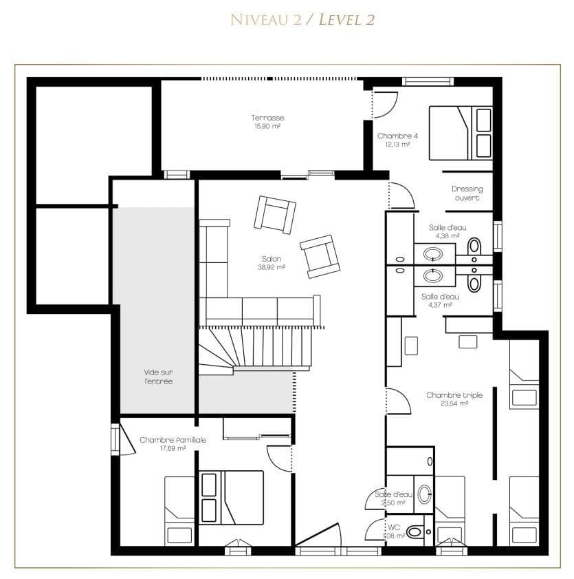 Second floor plan: three bedrooms with ensuite bathrooms, living area, and private terrace