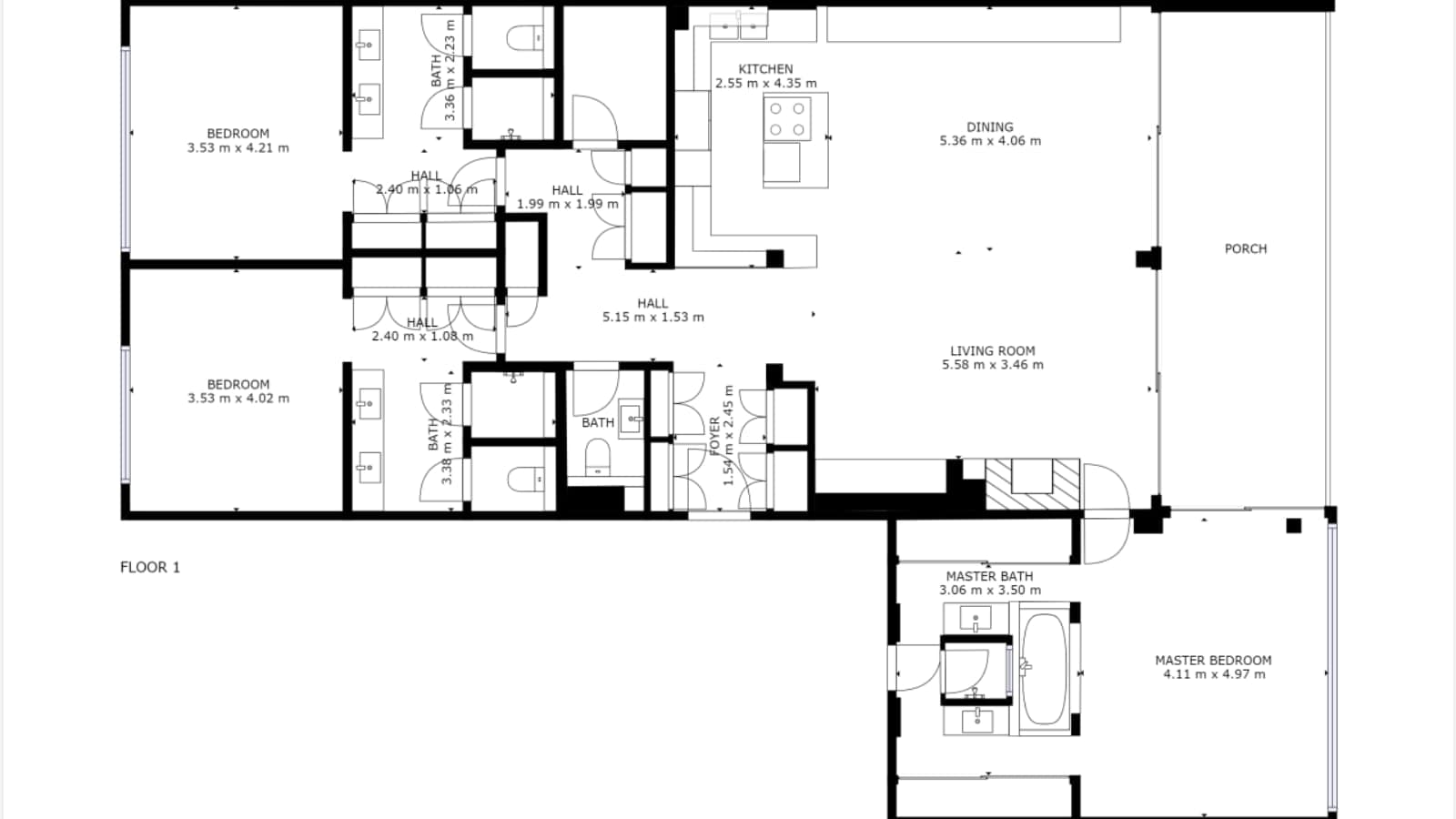Floor 1 layout: three bedrooms, three bathrooms, kitchen, and large porch