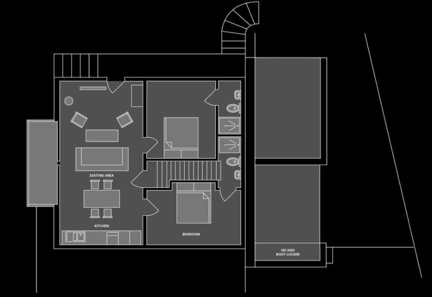 Floor plan: open-plan living and kitchen, two bedrooms, and ski locker