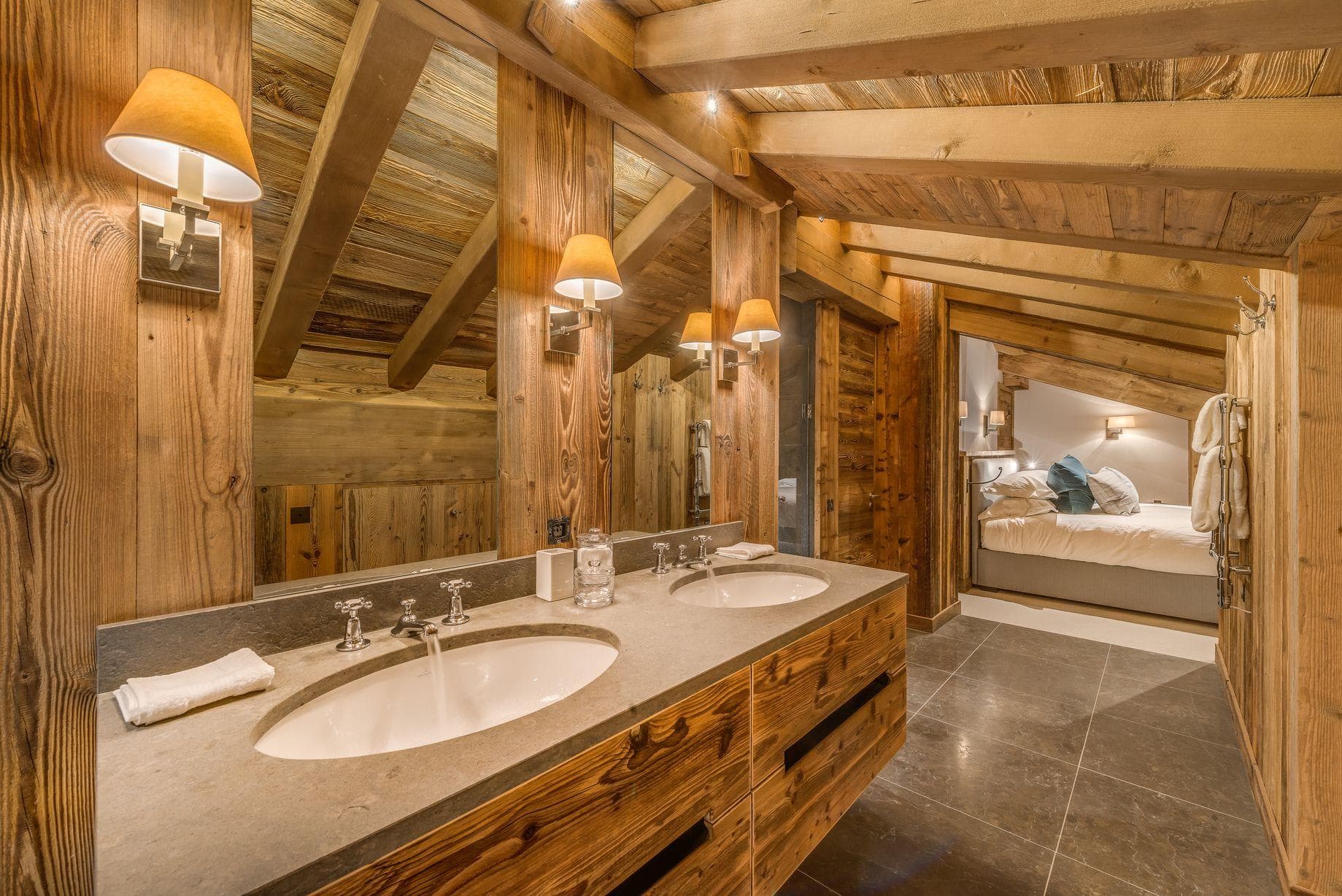 Bathroom with dual vanity and heated towel rack