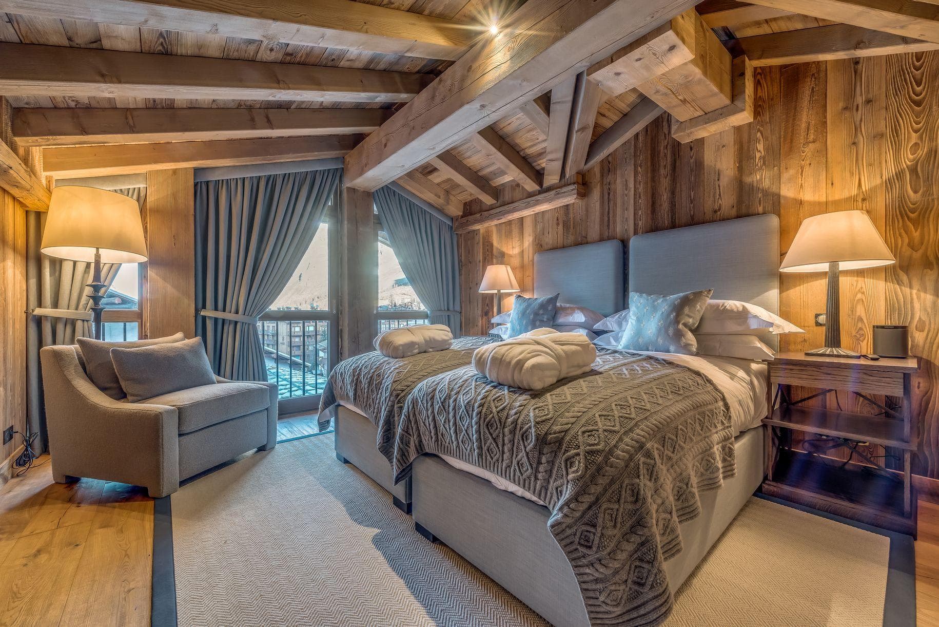 Bedroom with twin beds and vaulted timber ceiling