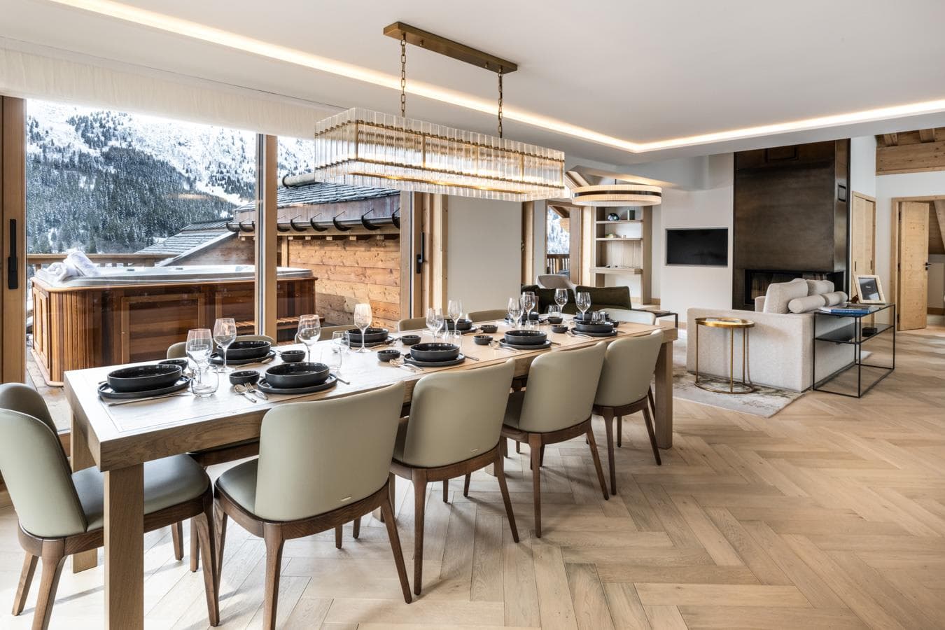 Dining table seats 10; mountain views and balcony access to hot tub