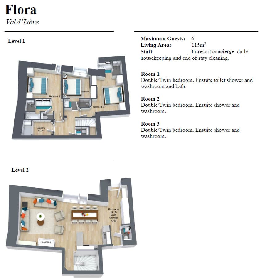 Two-floor plan: three ensuite bedrooms, laundry room, and open living area with fireplace