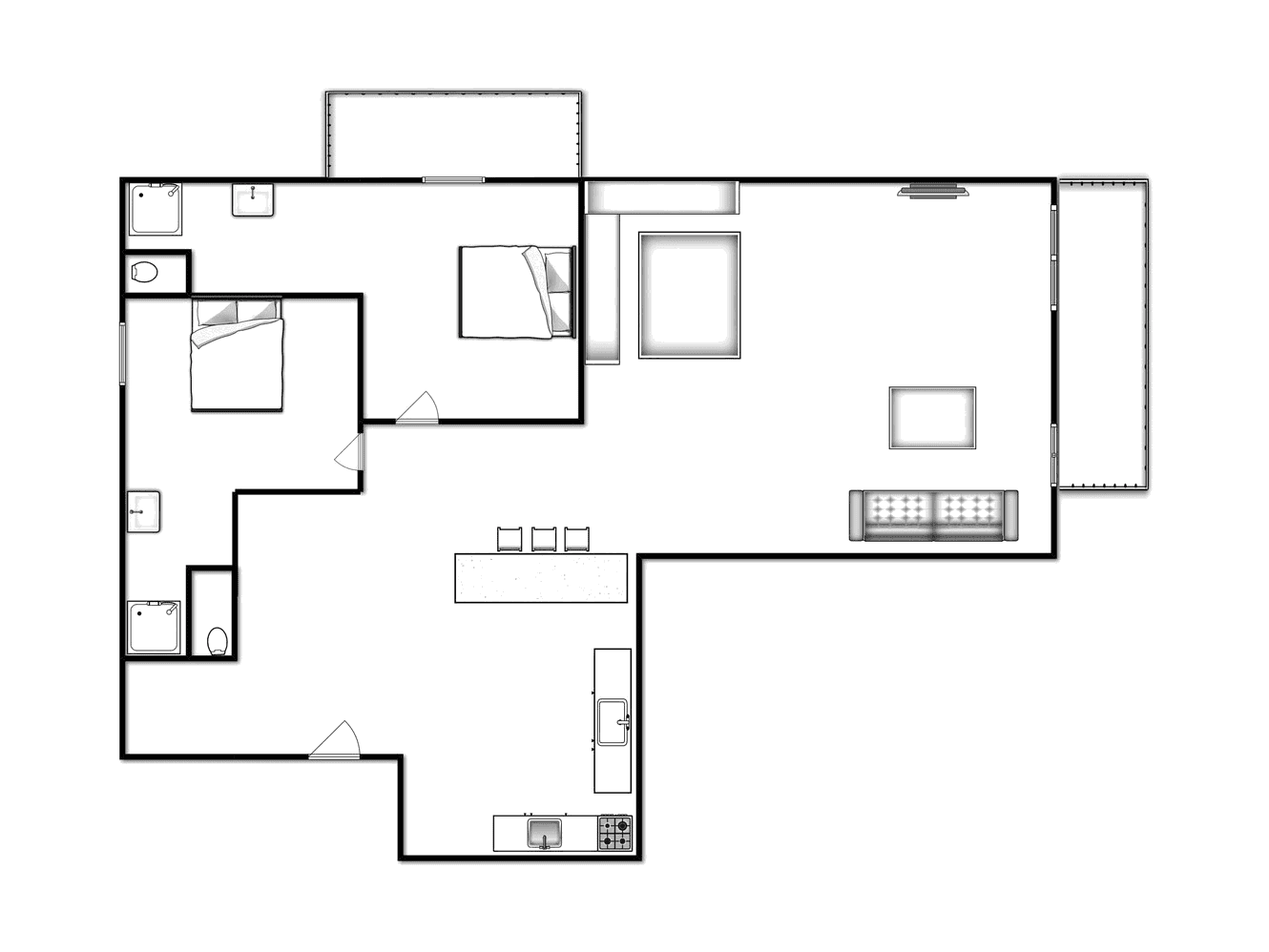Floor plan: two bedrooms, two bathrooms, and open-plan living area with balcony