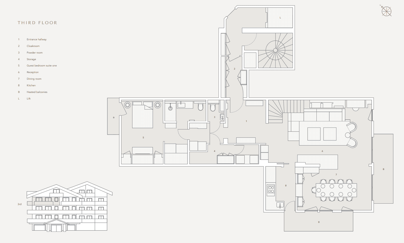 Third floor plan: open-plan living and kitchen, guest suite, and heated balconies
