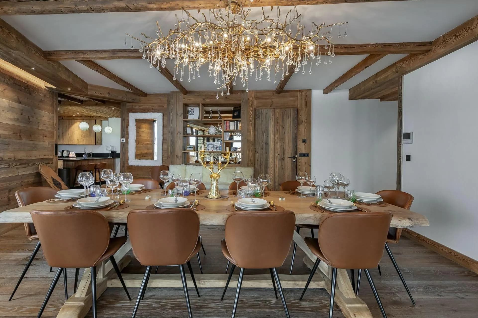 Dining area with seating for 10 and live-edge wooden table