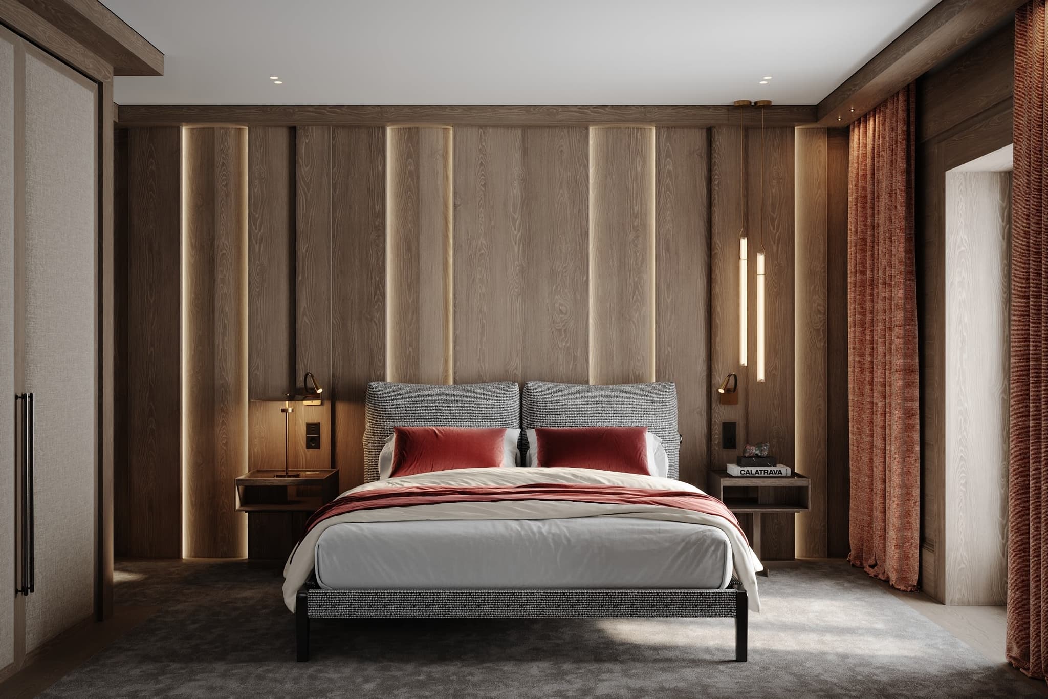 Primary bedroom with king bed, oak paneling, and blackout curtains