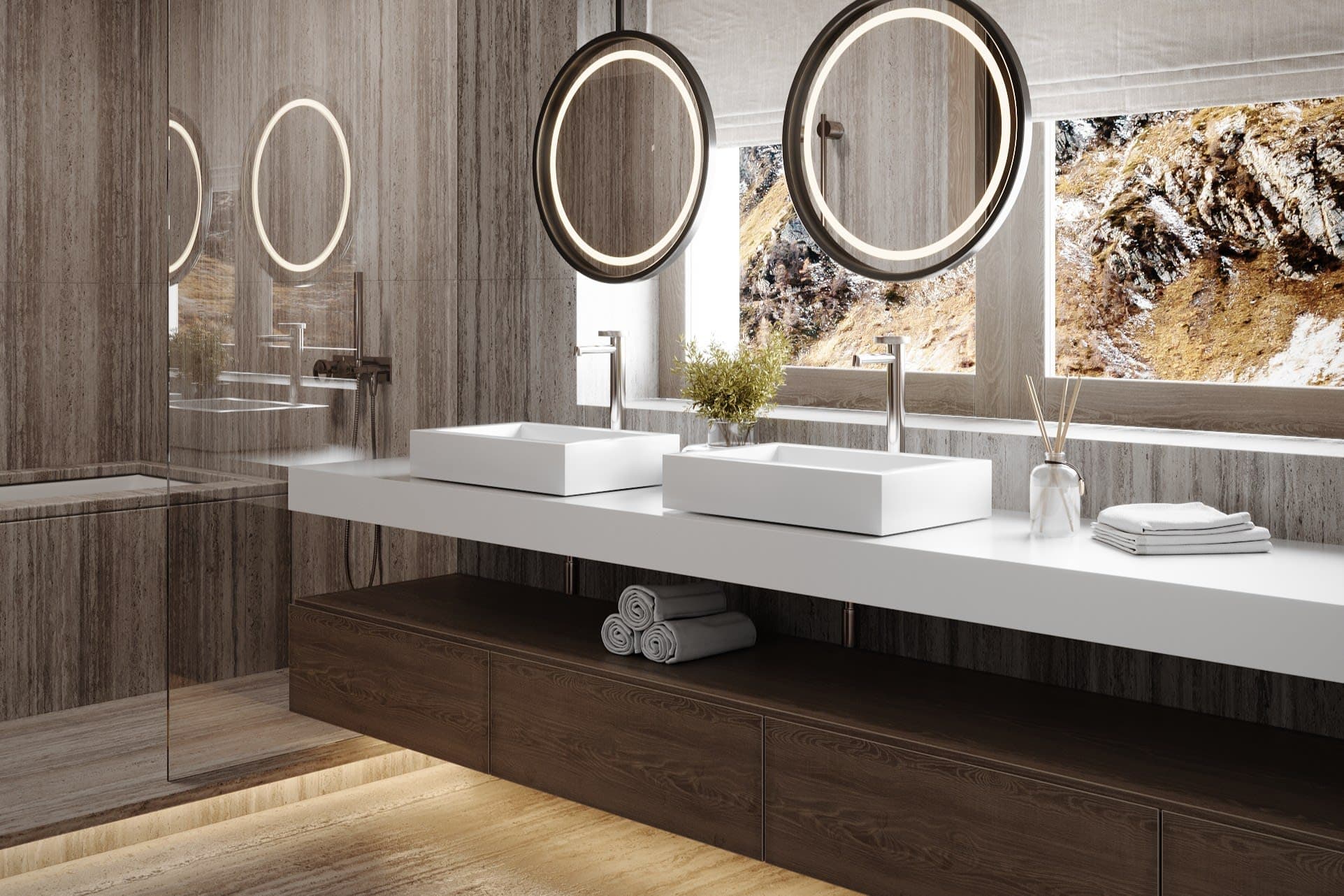 Bathroom with dual vessel sinks and LED backlit mirrors