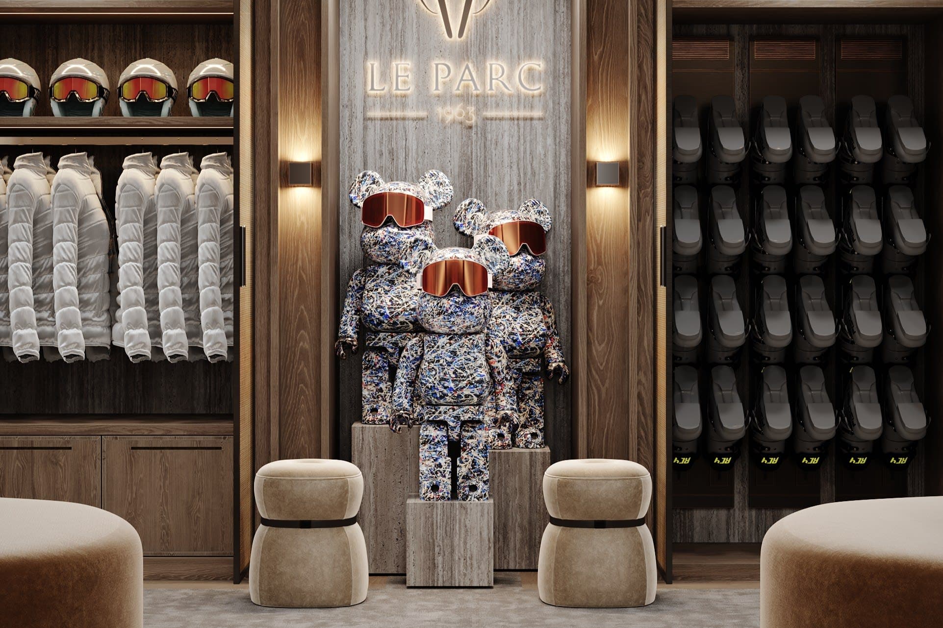 Ski valet room with heated boot racks and coat storage