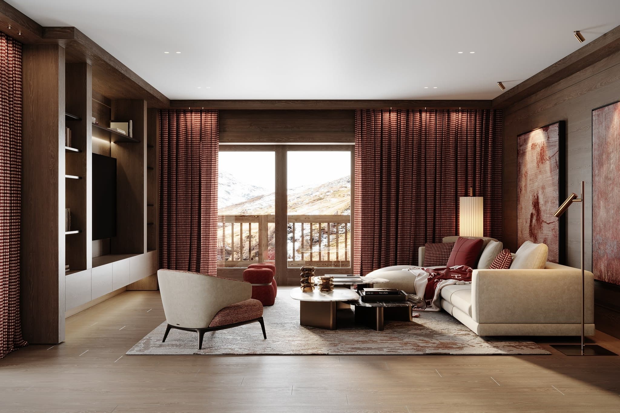 Living area with smart TV and floor-to-ceiling mountain views