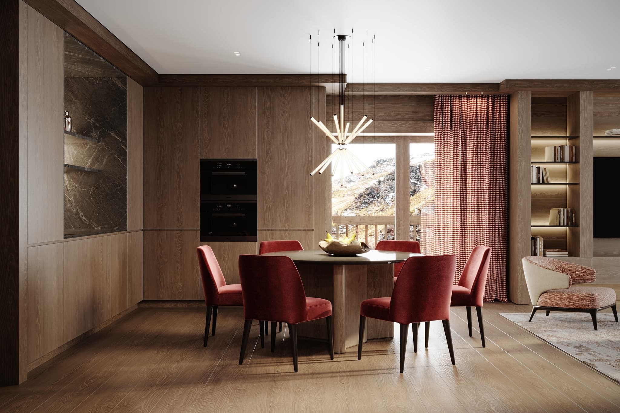 Dining area for 6 with integrated ovens and mountain balcony access