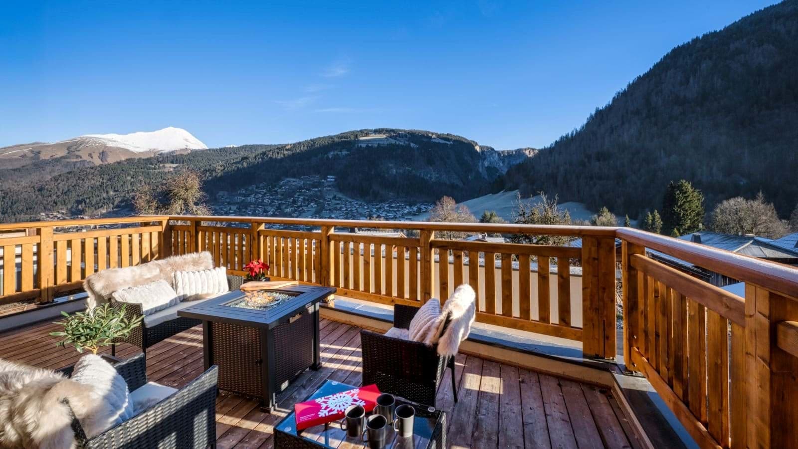Private deck with gas fire pit and panoramic mountain views