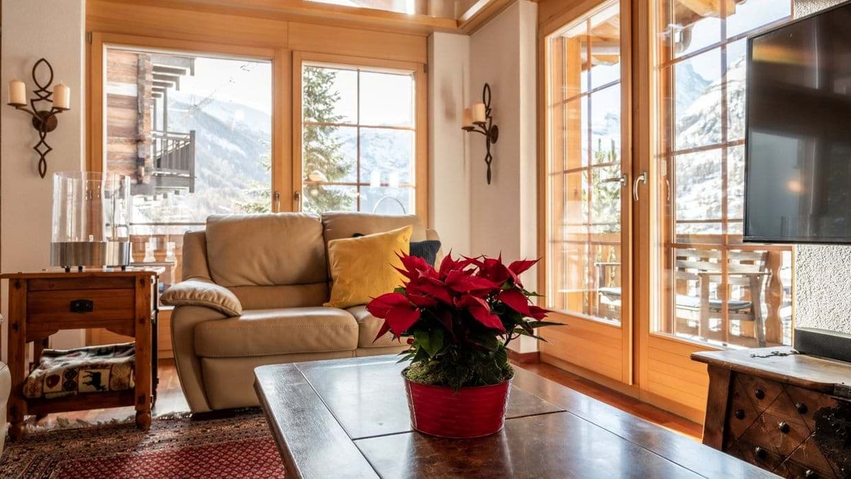 Living area with leather seating and mountain views