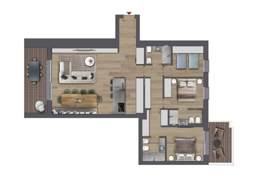 Floor plan: open-plan living, three bedrooms, three bathrooms, and two private balconies