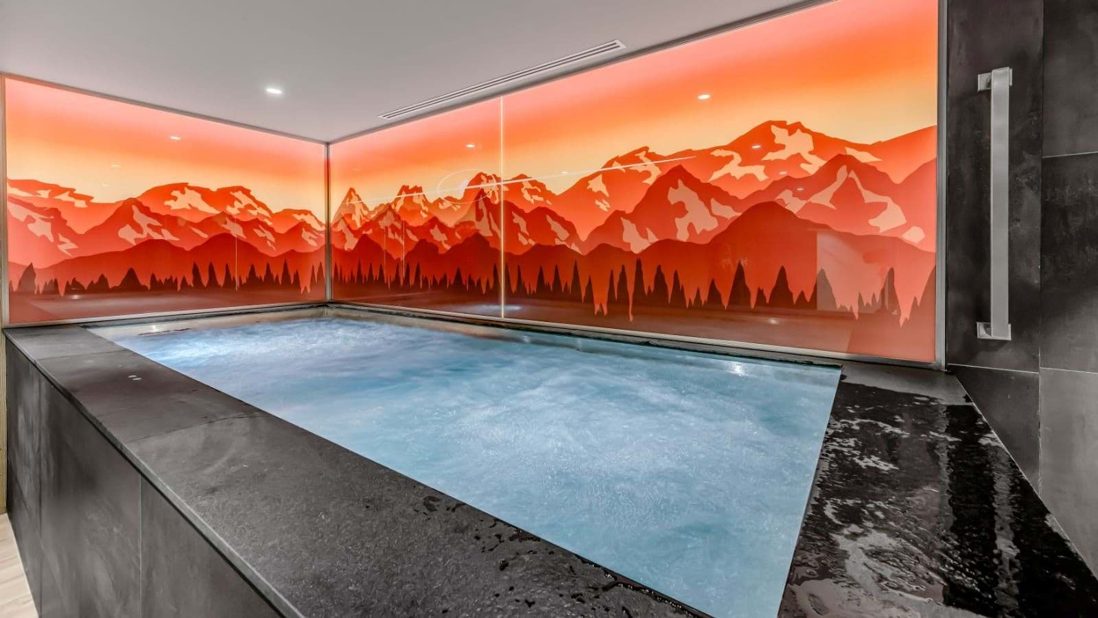 Indoor swim spa with backlit mountain mural and grab bar