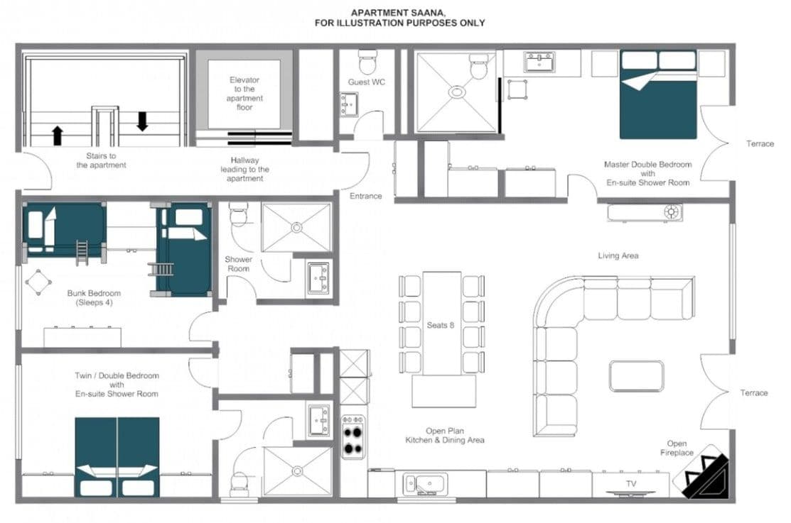 Floor plan: open-plan living, three bedrooms with en-suites, and private terrace access