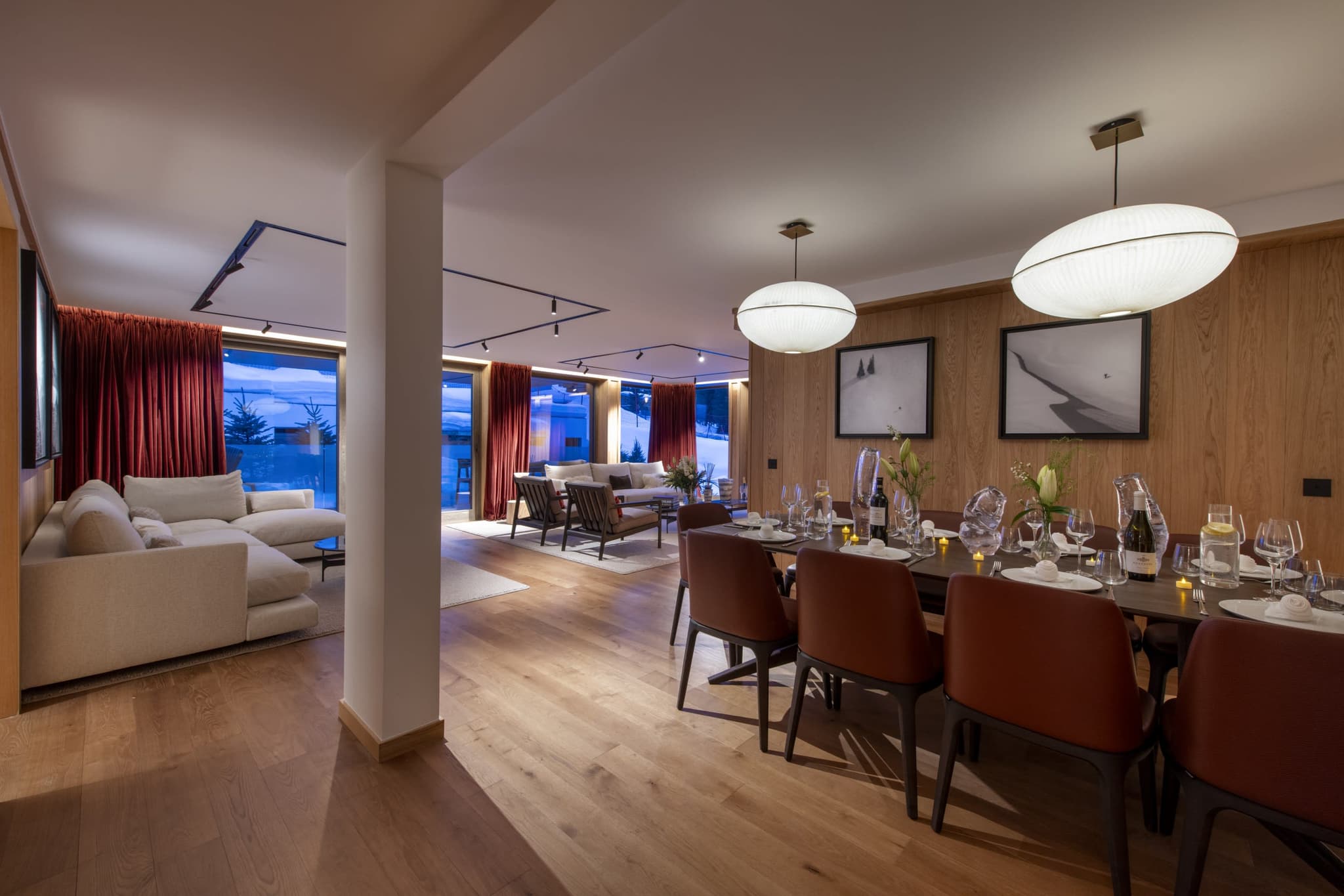 Open-plan living and dining area with seating for 10 and terrace access