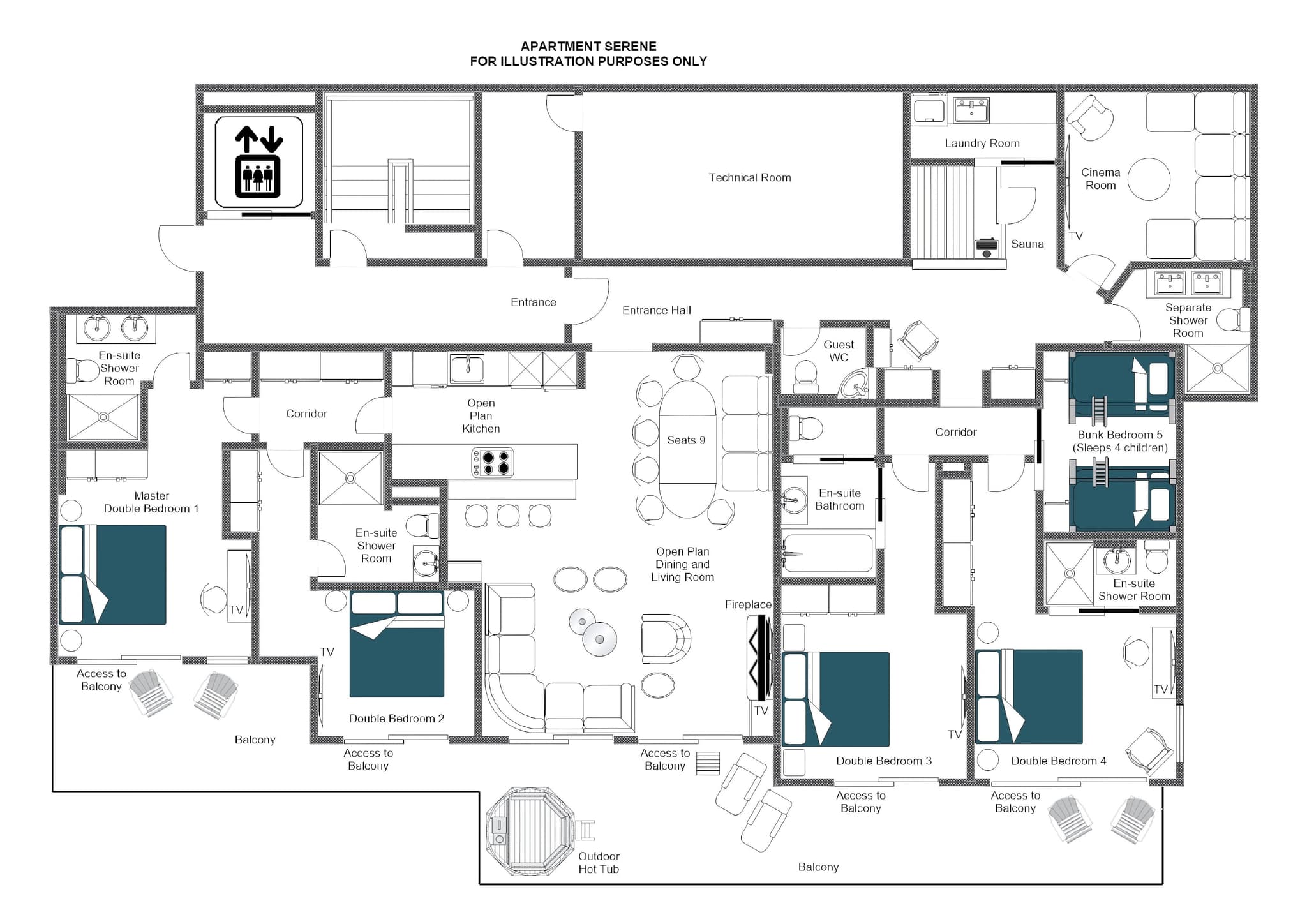 Floor plan: five bedrooms, cinema room, sauna, and balcony with outdoor hot tub