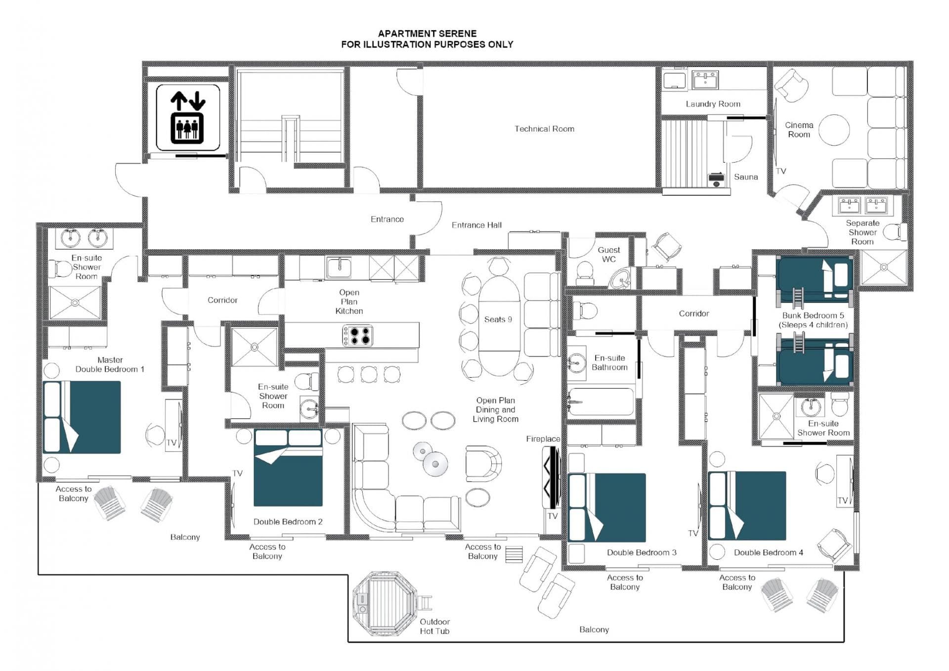 Floor plan: five bedrooms, cinema room, sauna, and terrace with outdoor hot tub