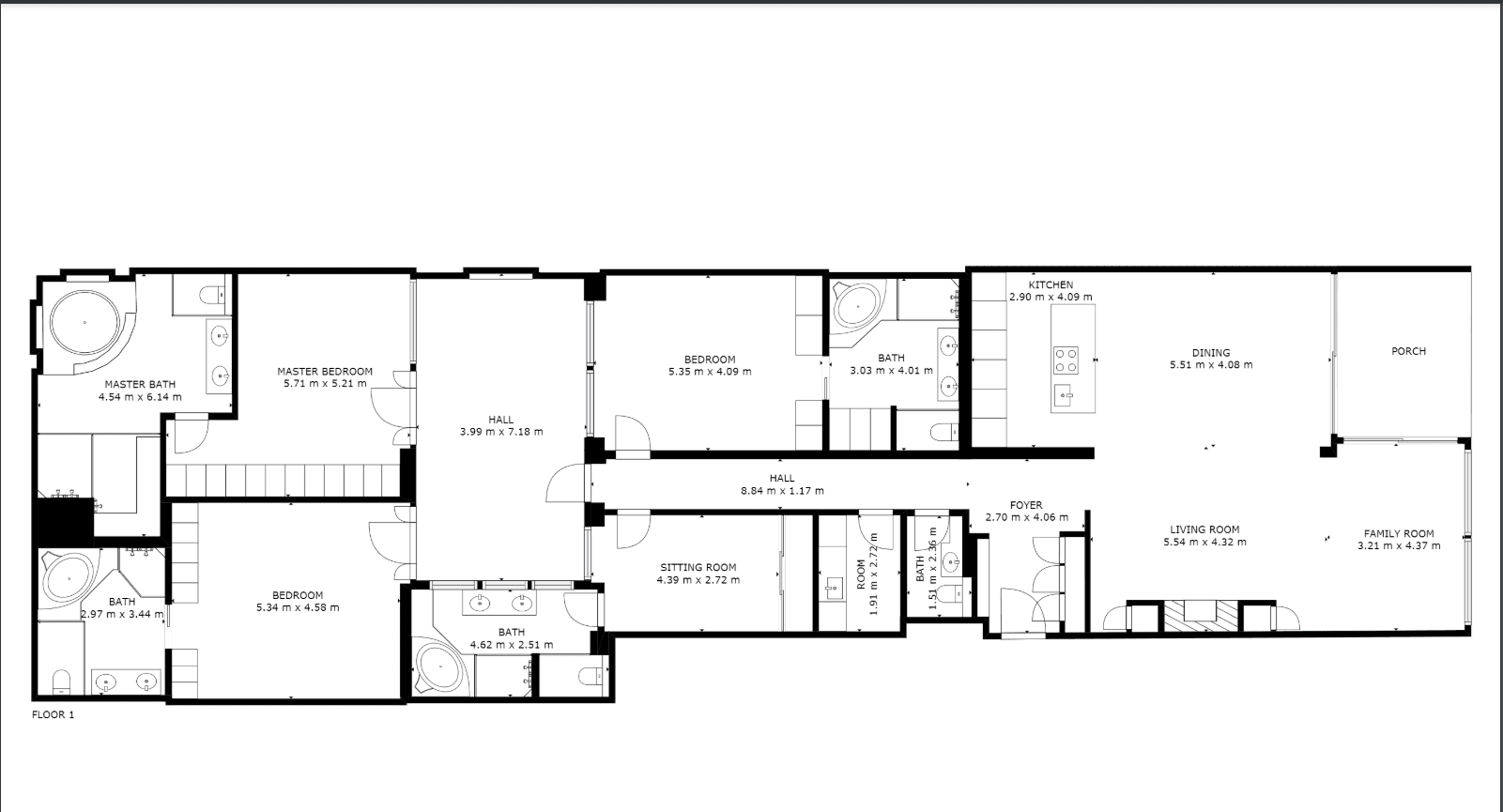Floor 1 layout: open-plan kitchen, dining, three bedrooms, and family room with porch