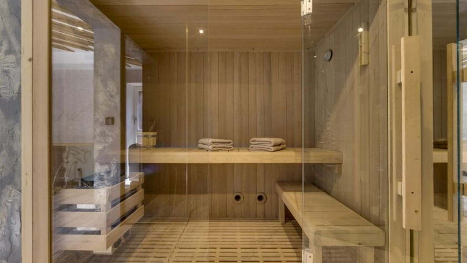 Private cedar sauna with tiered seating and electric heater