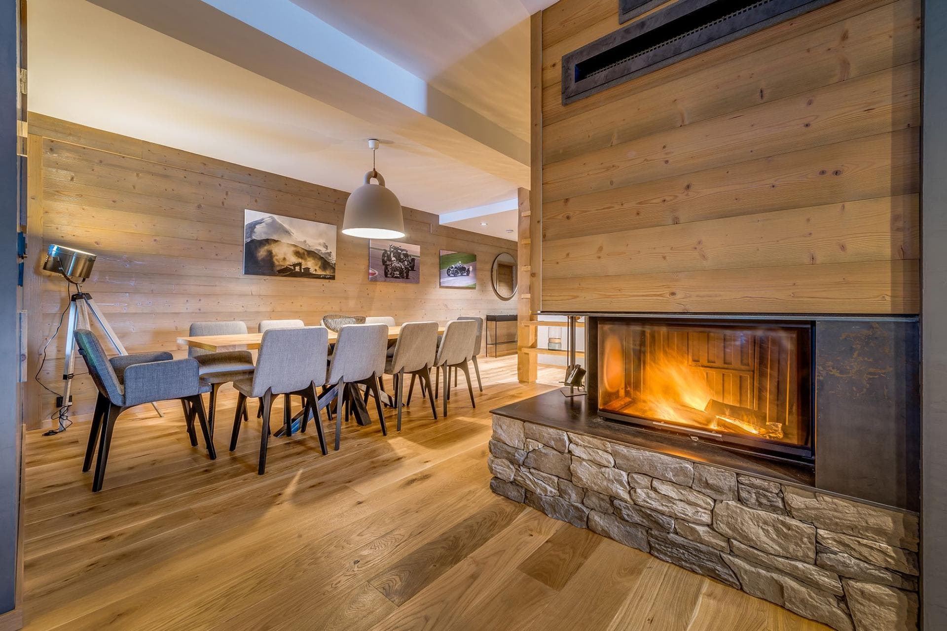 Dining area with wood-burning fireplace and seating for 10