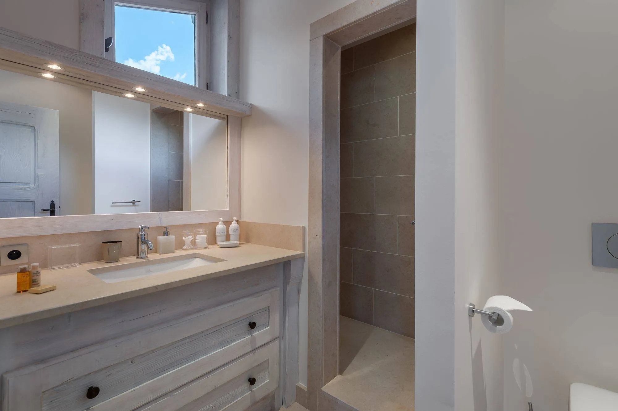 Bathroom with a vanity and shower