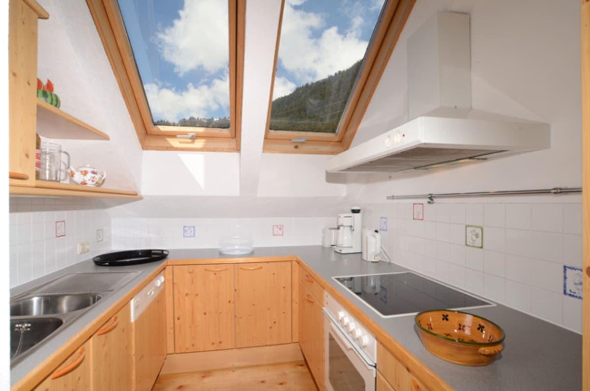Attic kitchen with skylight mountain views, dishwasher, and electric cooktop