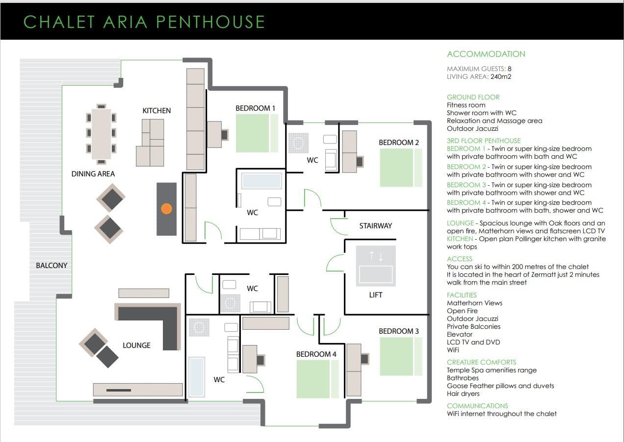 Penthouse floor plan: four bedrooms with en suites, open kitchen, and terrace