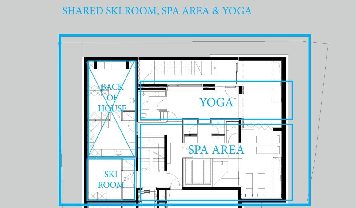 Floor plan: shared ski room, yoga studio, and spa area with treatment rooms