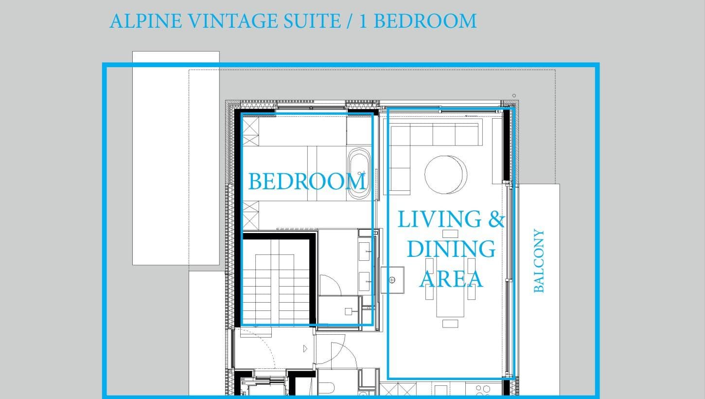 Floor plan: one-bedroom suite with open living and dining area plus private balcony