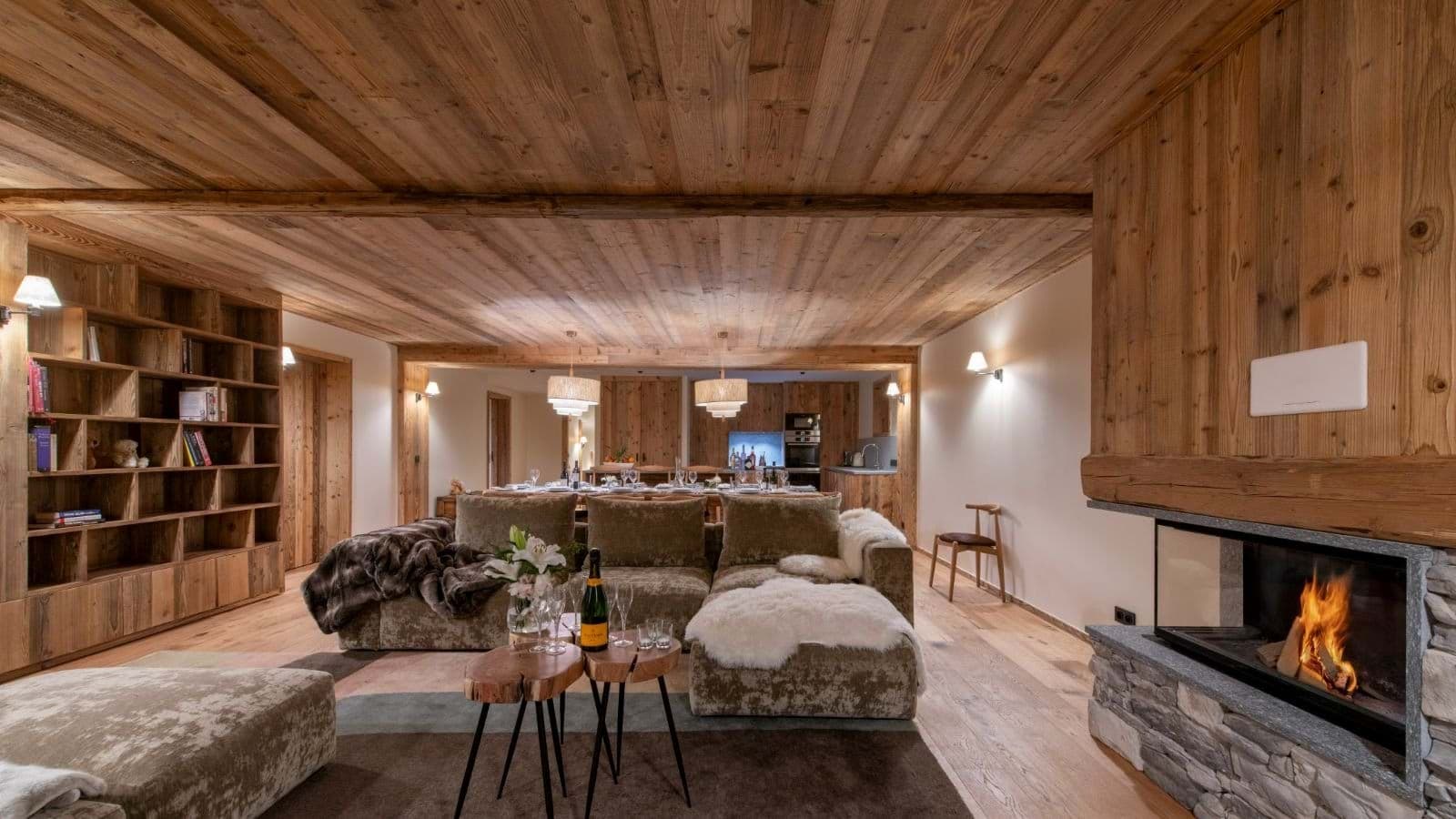 Living room with glass-enclosed fireplace and wood-paneled ceilings
