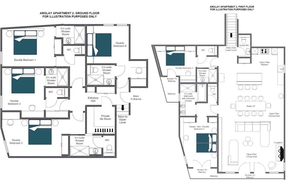 Two-level floor plan with 6 en-suite bedrooms and private ski room