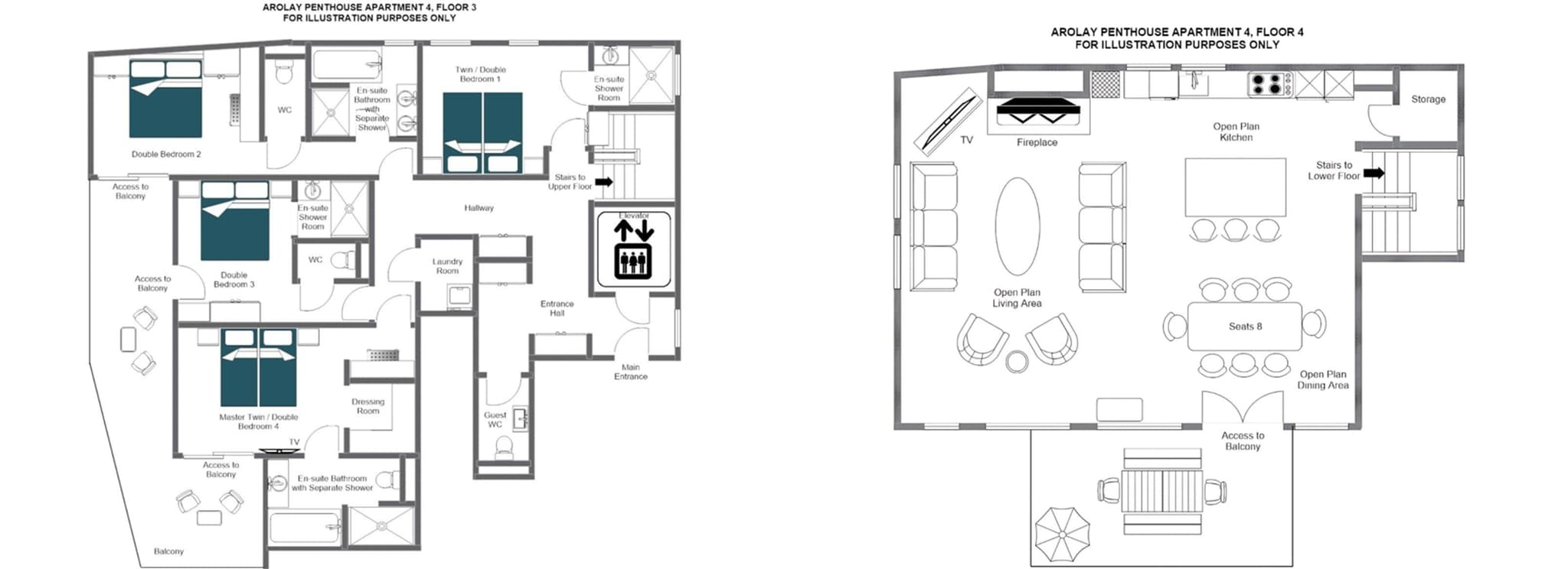 Floor plans for levels 3 and 4; features four en-suite bedrooms and private elevator