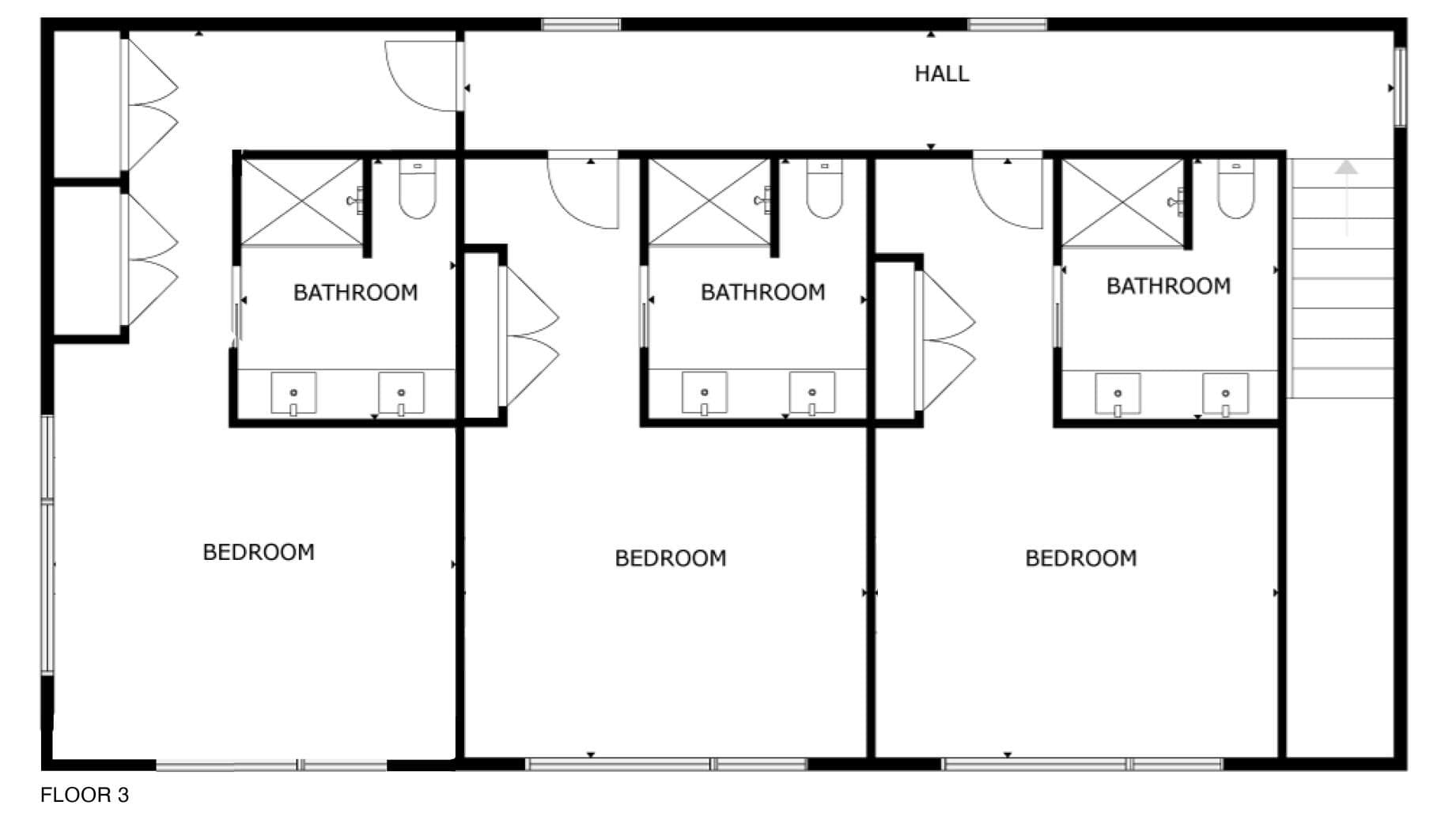 Floor 3 layout: three bedrooms, each with a private ensuite bathroom
