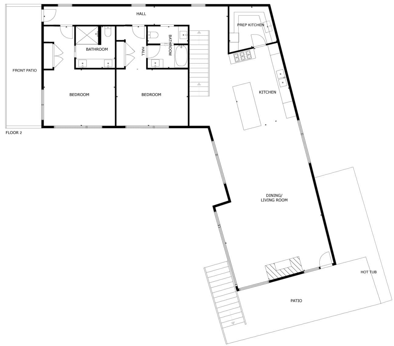 Second floor plan: two bedrooms, prep kitchen, and living area with patio access