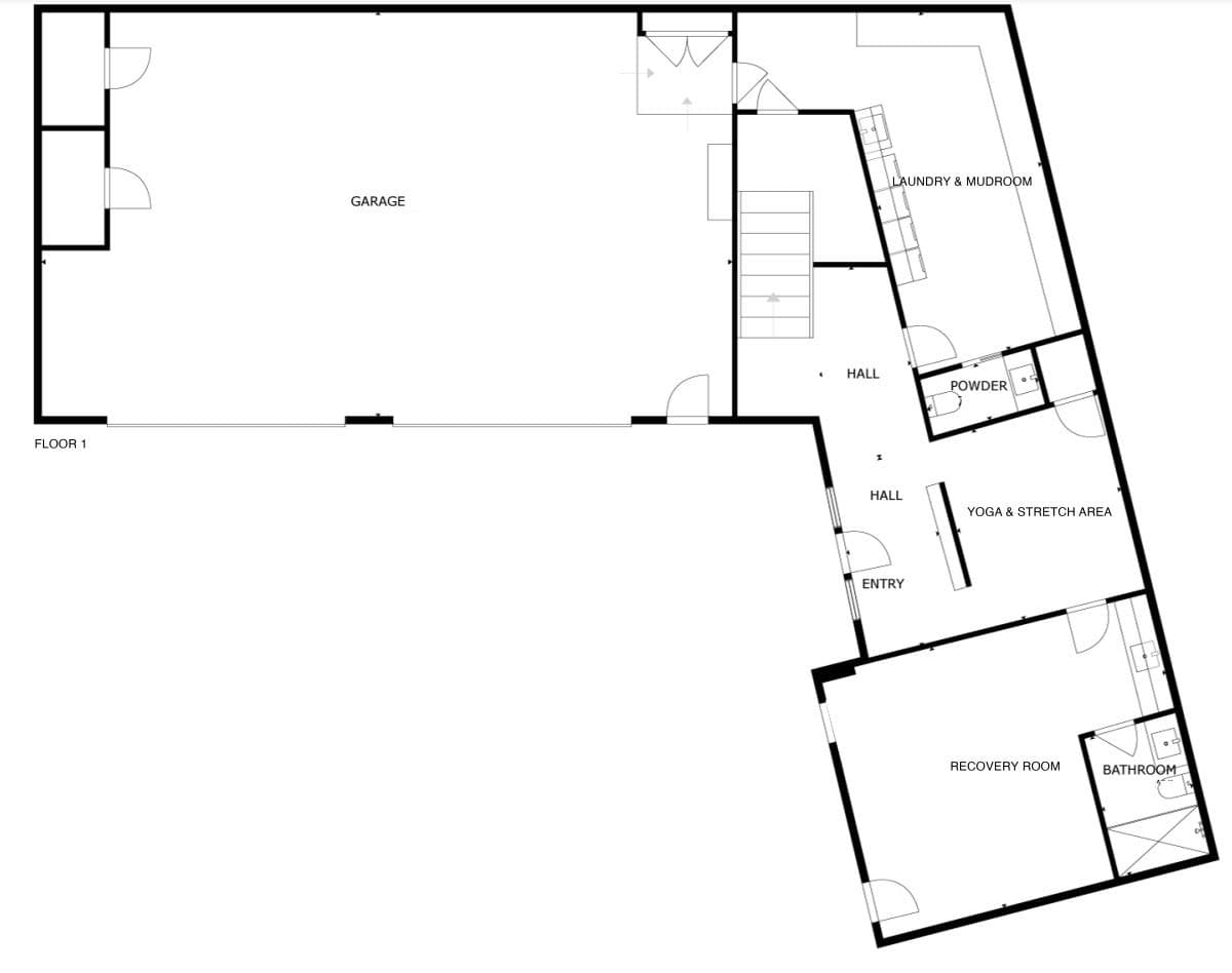 Floor 1 plan: garage, yoga area, recovery room, laundry, and mudroom