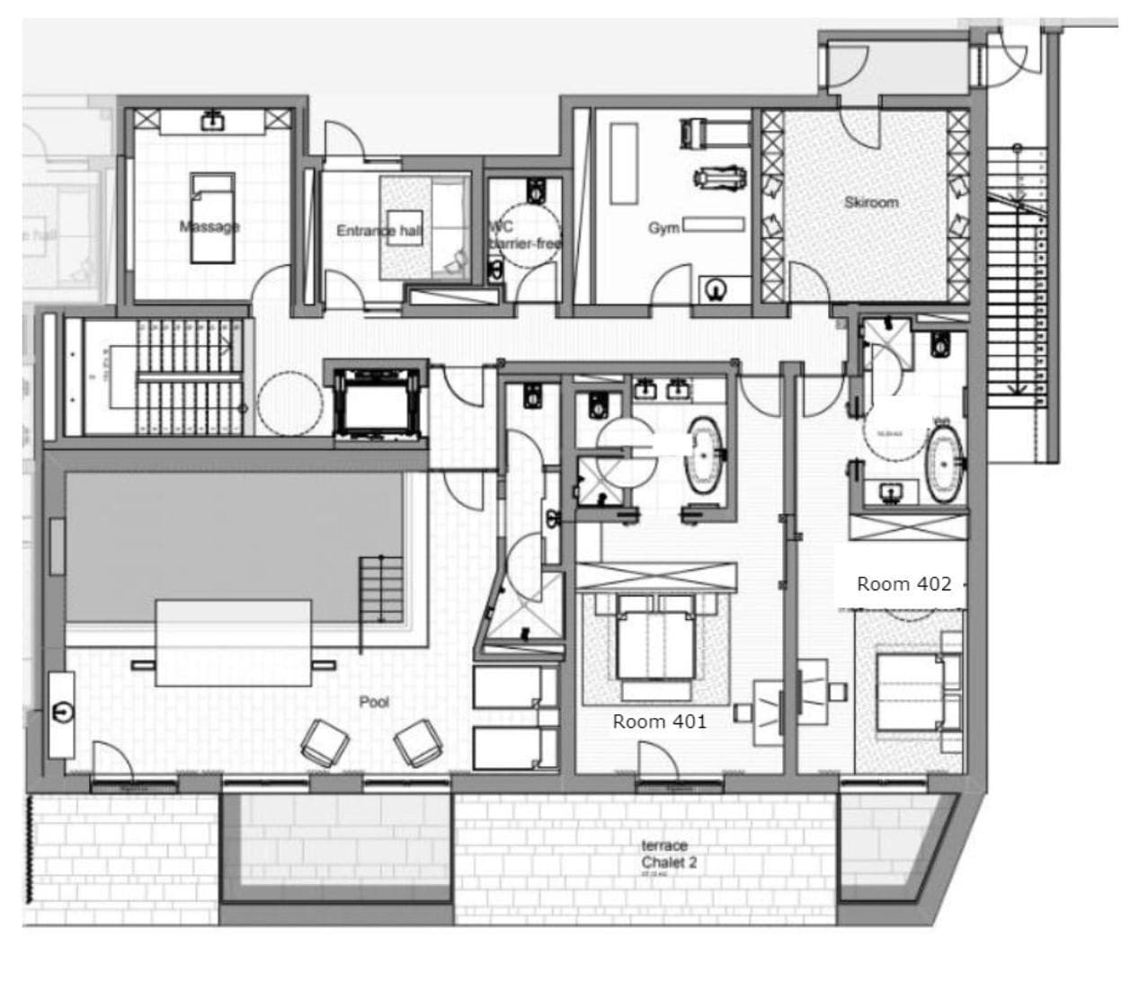 Lower level floor plan: indoor pool, ski room, gym, and two bedroom suites