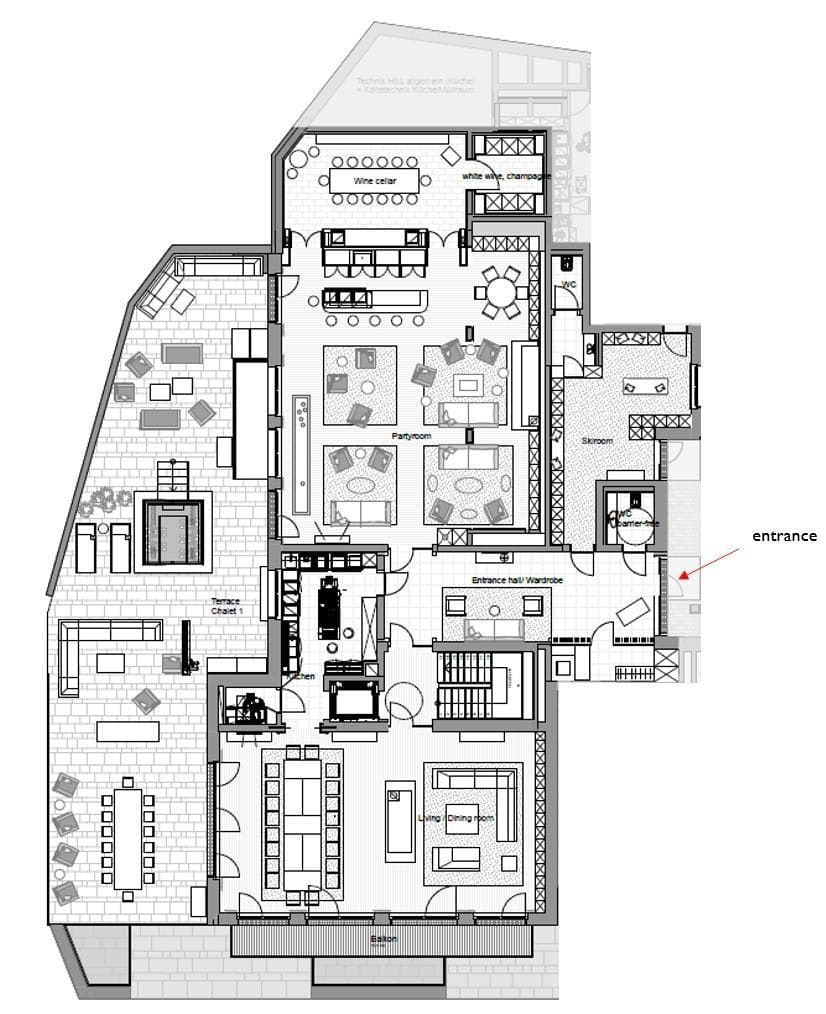 Floor plan: party room, wine cellar, ski room, and large wraparound terrace