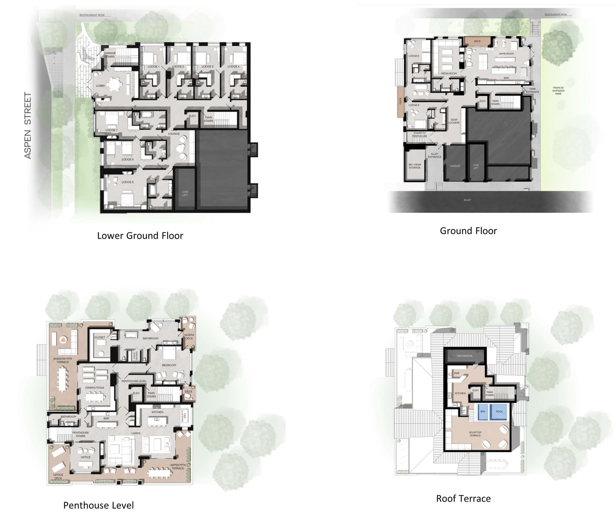 Floor plans: lower ground to roof terrace including penthouse and gear storage