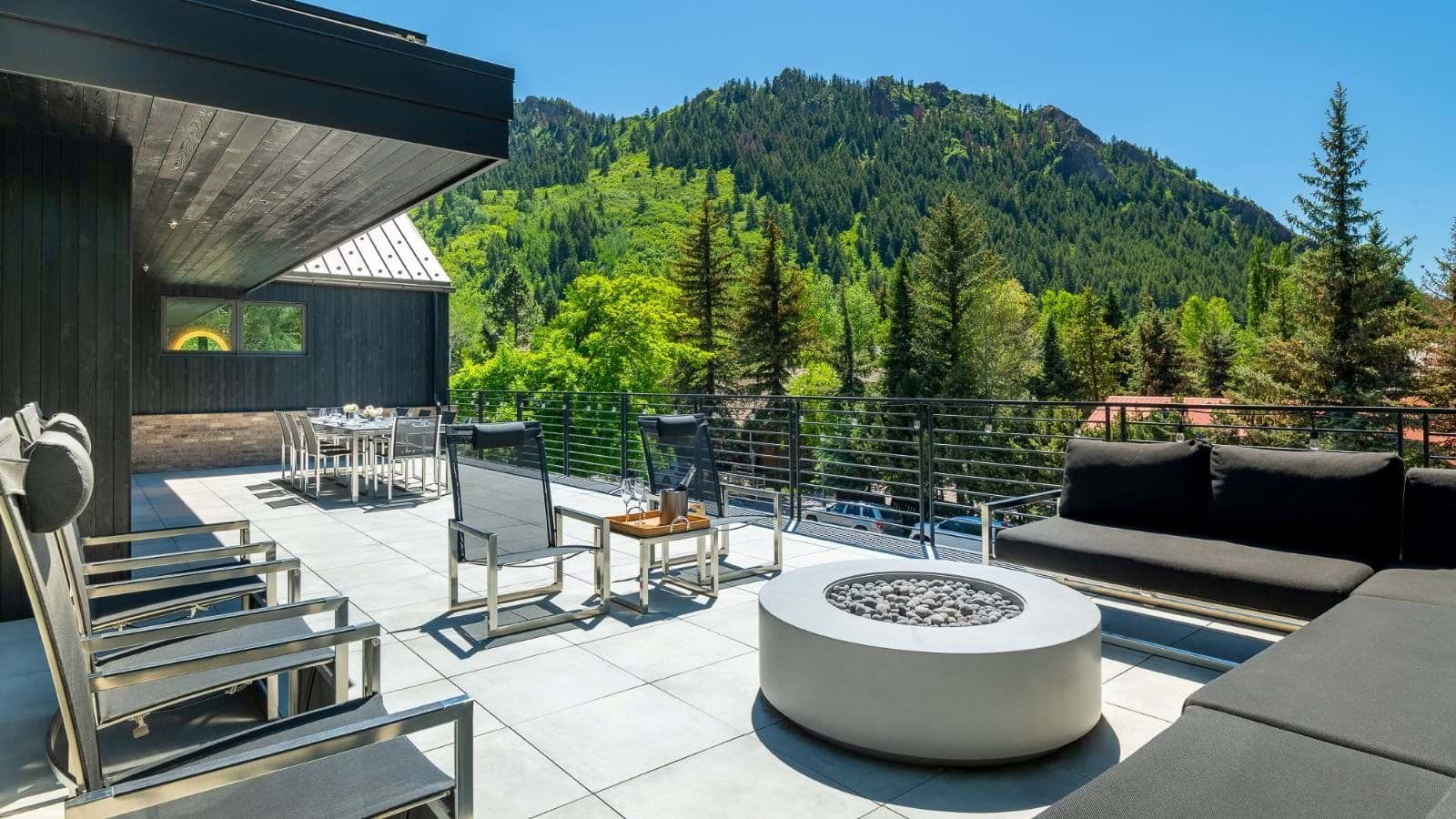 Rooftop terrace with gas fire pit and dining table for eight