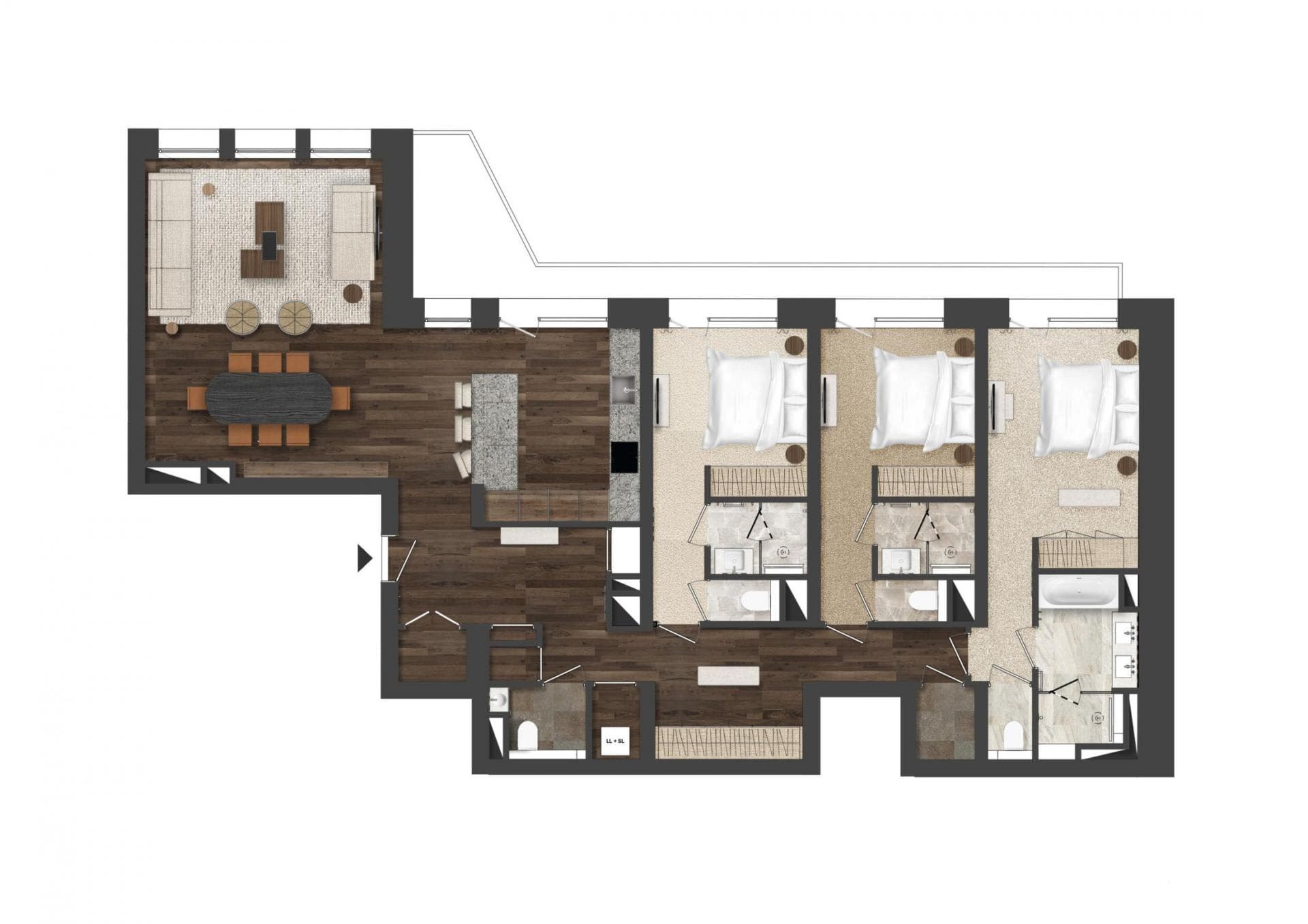 Floor plan: three en-suite bedrooms and open-plan living with balcony access