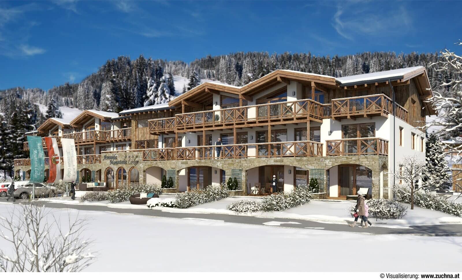 Ski-in/ski-out lodge exterior with private balconies and mountain views