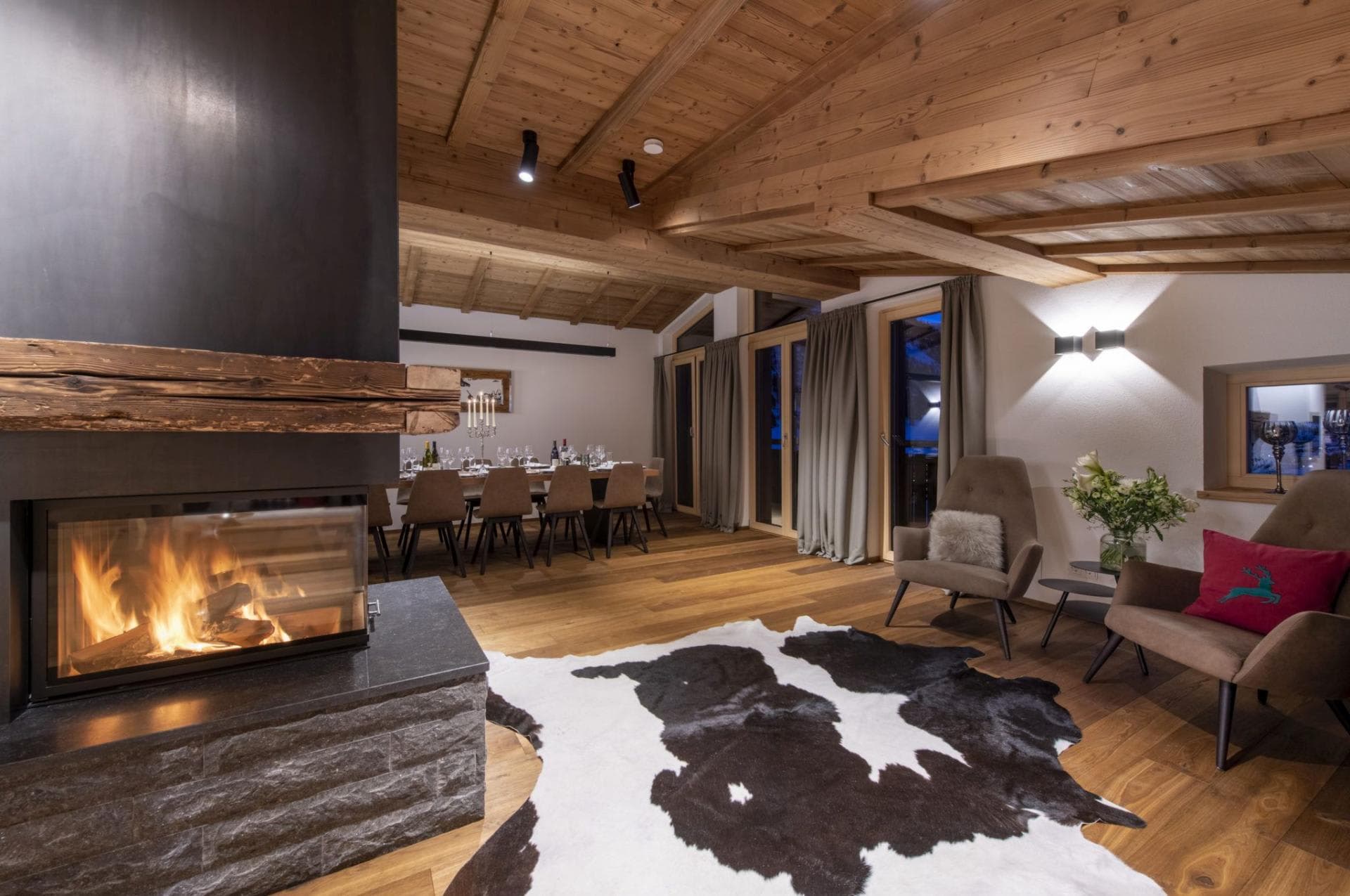 Living room with wood fireplace; dining table seats 10