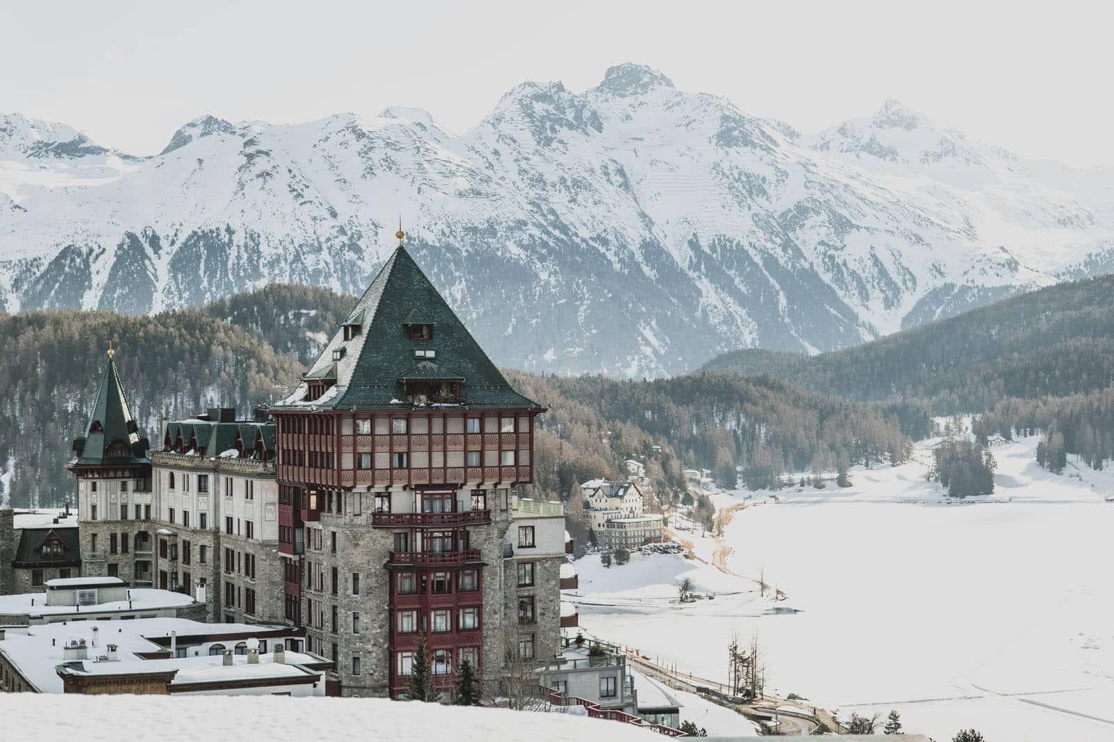 Badrutt's Palace Hotel exterior with views of Lake St. Moritz and the Alps