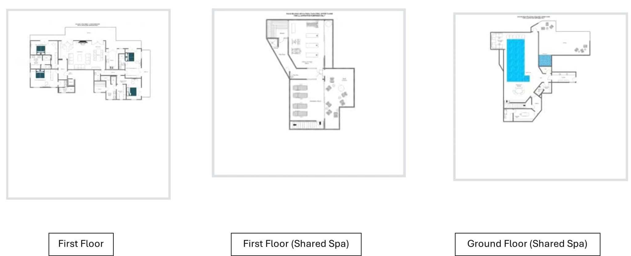 Floor plans for first-floor residence and shared spa with indoor pool and garage