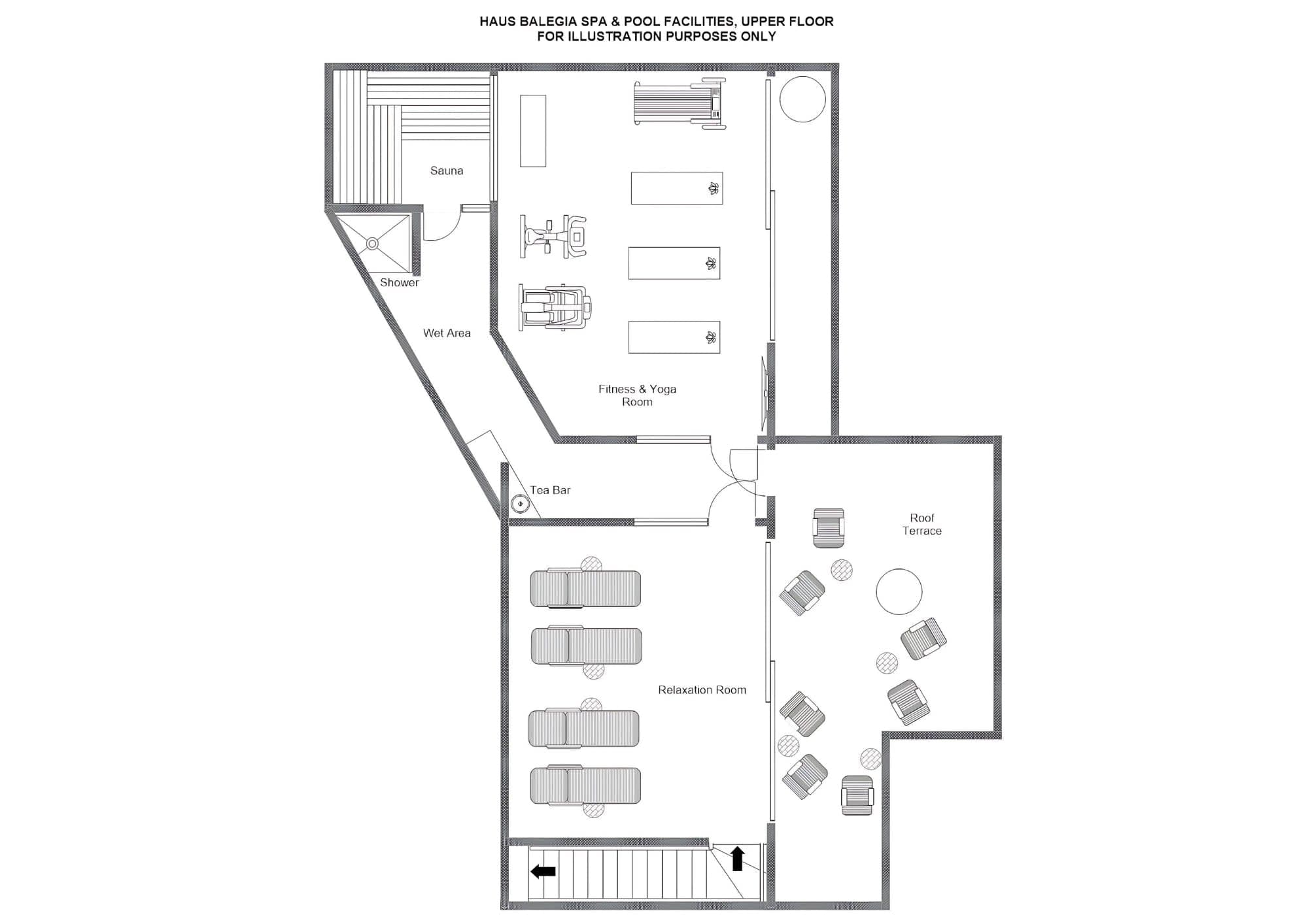 Upper floor spa plan: sauna, fitness room, relaxation area, and roof terrace