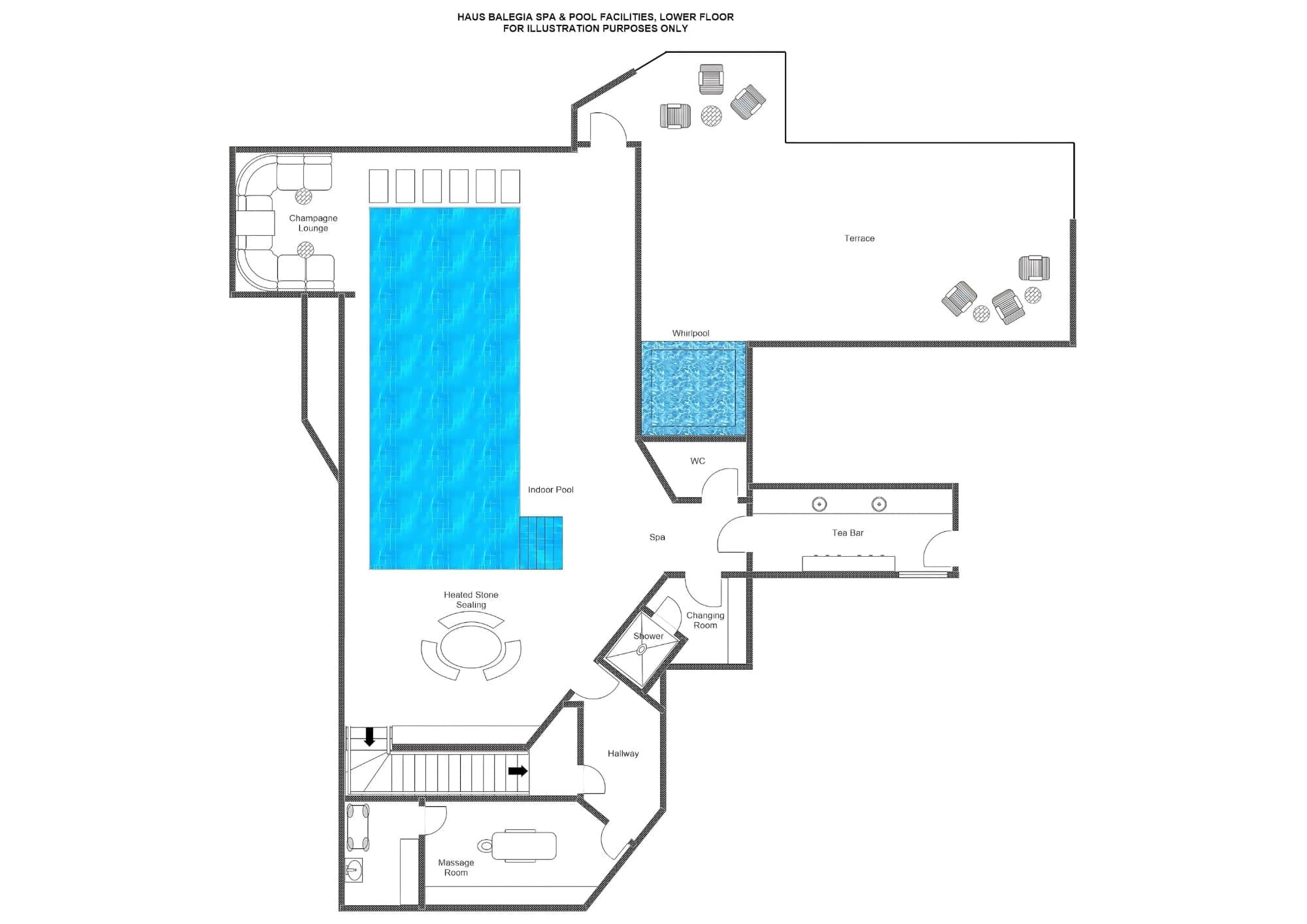 Lower floor plan: indoor pool, whirlpool, massage room, tea bar, and terrace