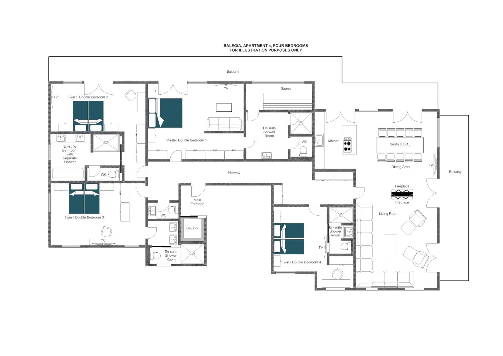 Floor plan: four en-suite bedrooms, private sauna, and two balconies